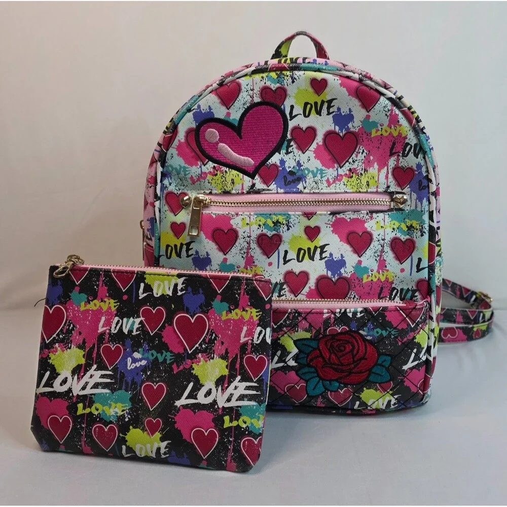 Under One Sky Love Heart Mini Backpack & Matching Zip Pouch Pink Graffiti Bag
